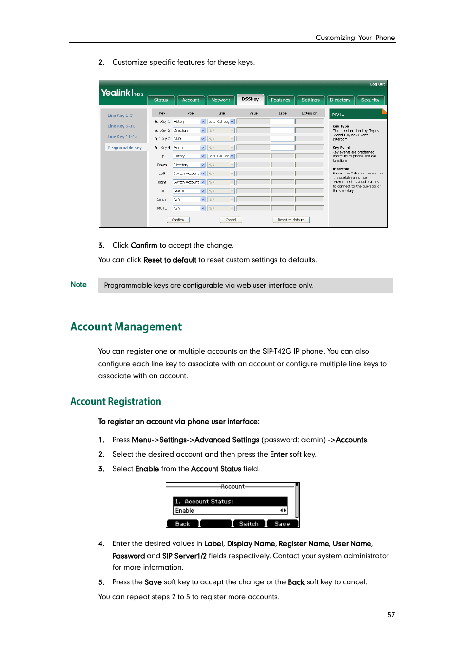 Account management, Account registration | Yealink SIP-T42G User Manual | Page 67 / 142