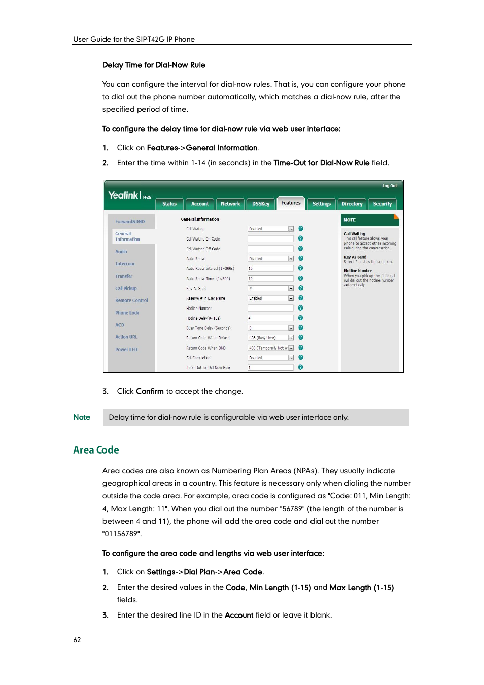 Area code | Yealink SIP-T42G User Manual | Page 72 / 142
