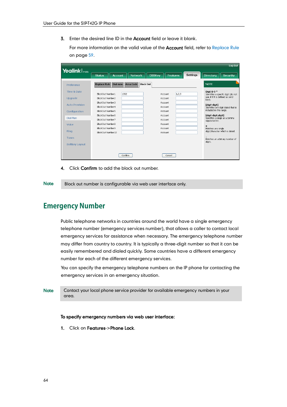 Emergency number | Yealink SIP-T42G User Manual | Page 74 / 142