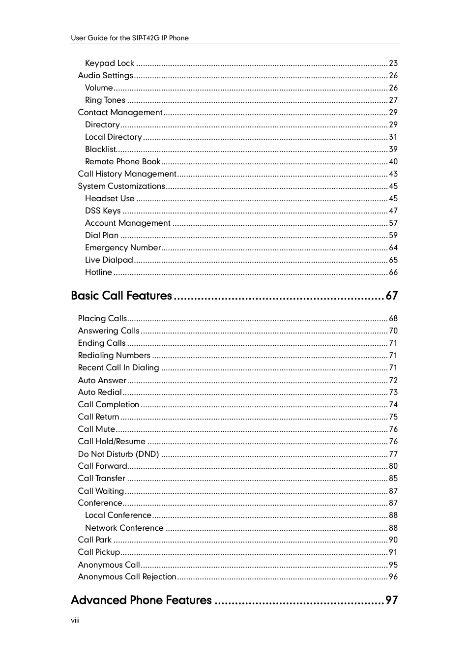 Basic call features, Advanced phone features | Yealink SIP-T42G User Manual | Page 8 / 142