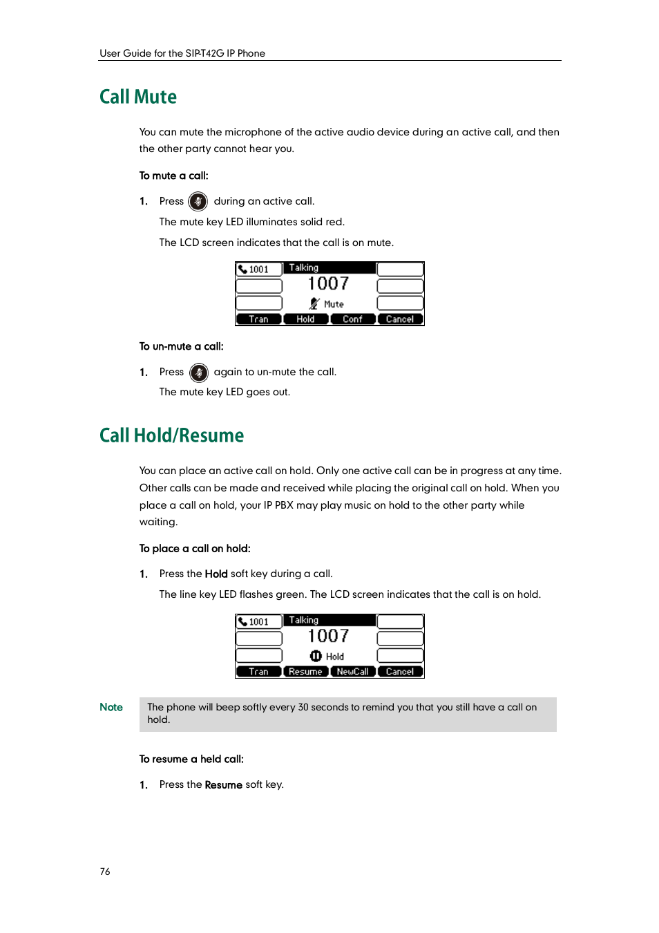 Call mute, Call hold/resume, Call mute call hold/resume | Yealink SIP-T42G User Manual | Page 86 / 142