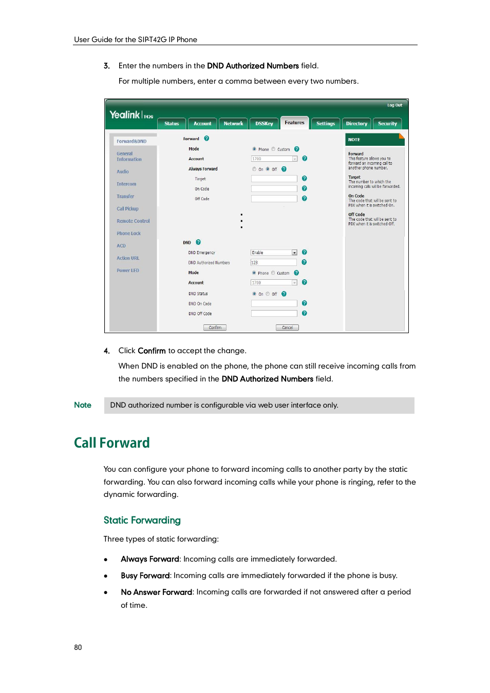 Call forward, Static forwarding | Yealink SIP-T42G User Manual | Page 90 / 142