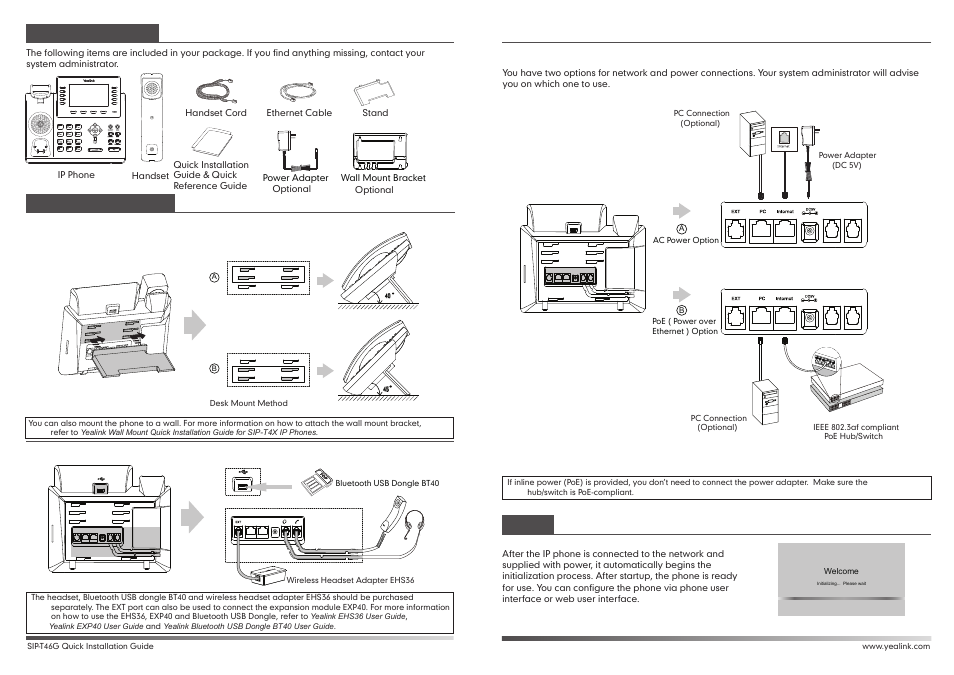 Startup, Packaging contents assembling the phone | Yealink SIP-T46G User Manual | Page 2 / 2