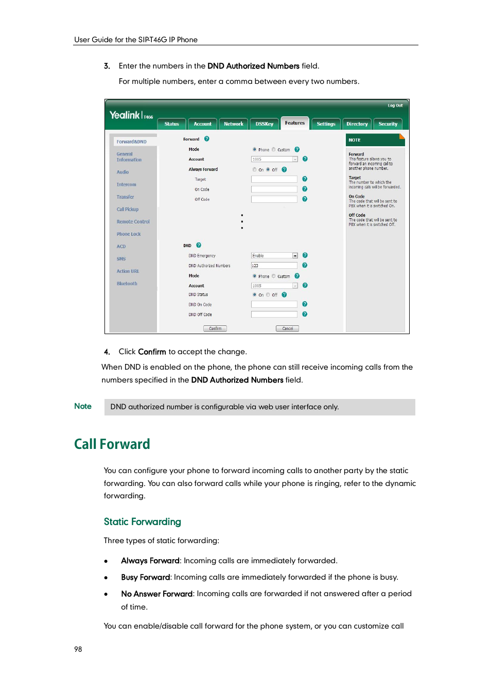 Call forward, Static forwarding | Yealink SIP-T46G User Manual | Page 108 / 168