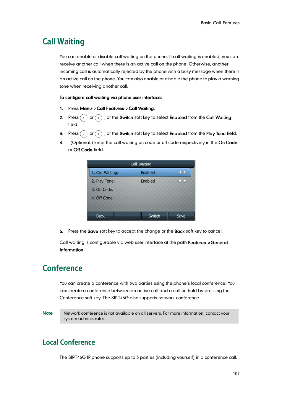 Call waiting, Conference, Local conference | Call waiting conference | Yealink SIP-T46G User Manual | Page 117 / 168