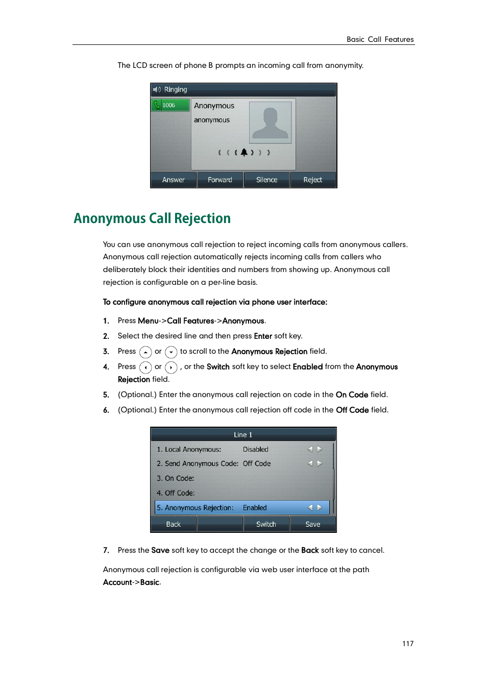 Anonymous call rejection | Yealink SIP-T46G User Manual | Page 127 / 168