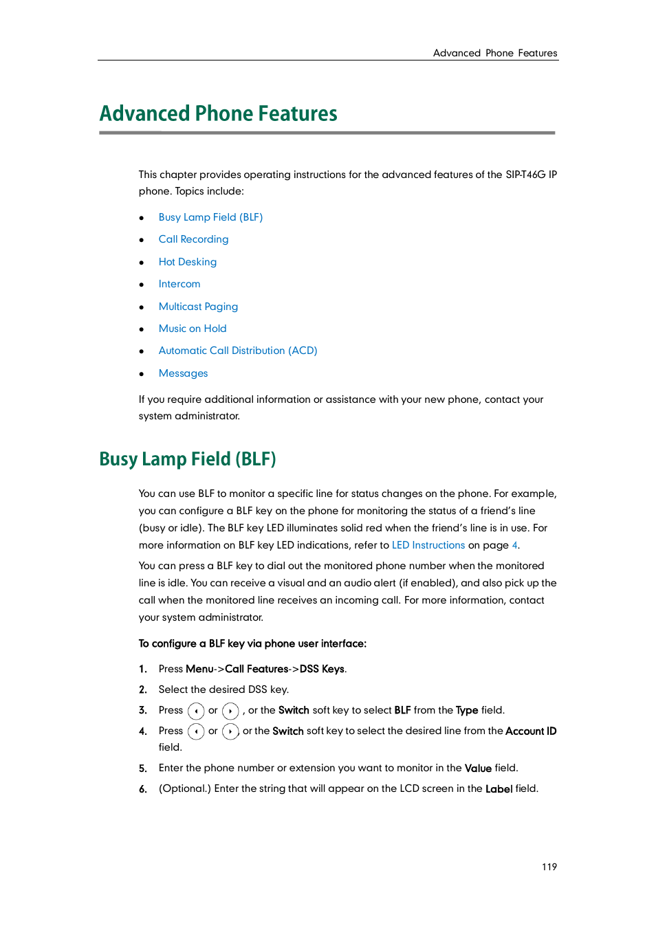 Advanced phone features, Busy lamp field (blf) | Yealink SIP-T46G User Manual | Page 129 / 168