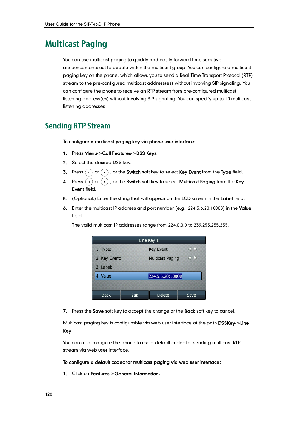 Multicast paging, Sending rtp stream | Yealink SIP-T46G User Manual | Page 138 / 168
