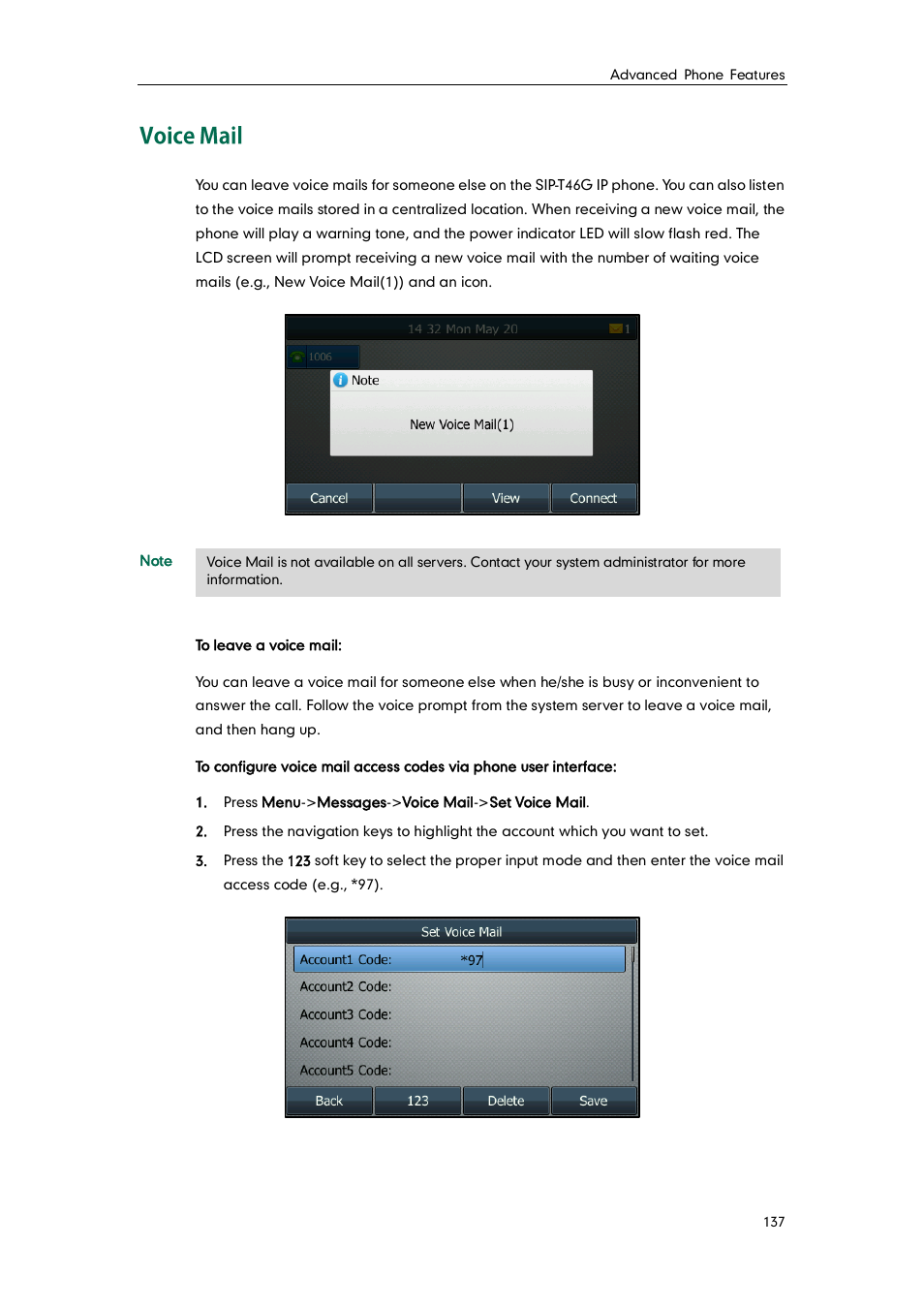 Voice mail | Yealink SIP-T46G User Manual | Page 147 / 168