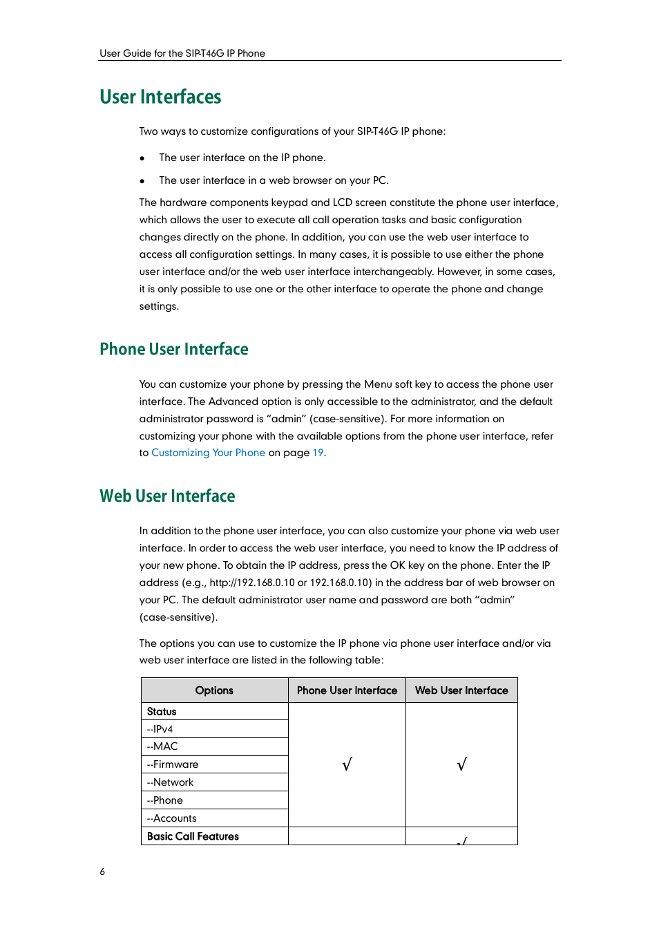 User interfaces, Phone user interface, Web user interface | Phone user interface web user interface | Yealink SIP-T46G User Manual | Page 16 / 168