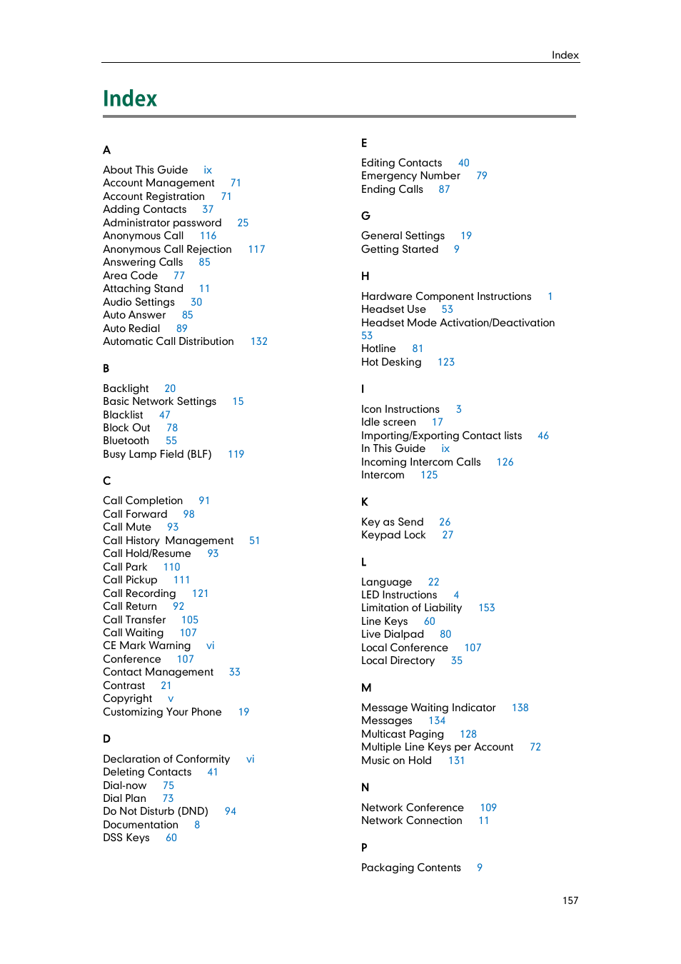 Index | Yealink SIP-T46G User Manual | Page 167 / 168