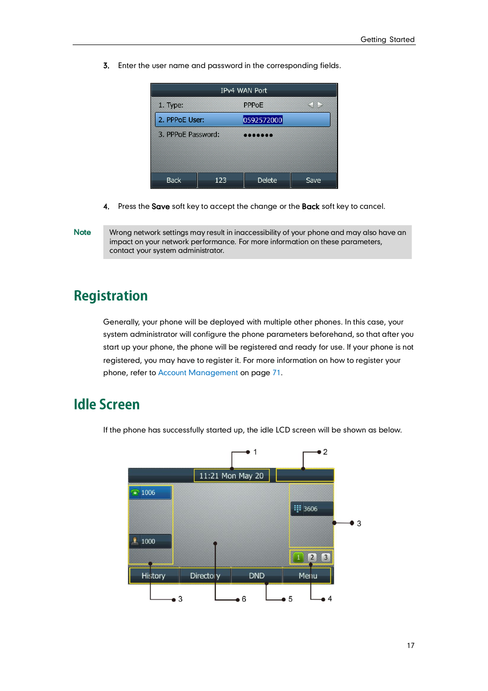 Registration, Idle screen, Registration idle screen | Yealink SIP-T46G User Manual | Page 27 / 168