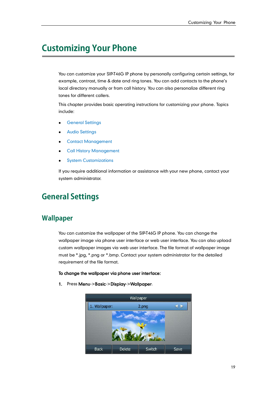 Customizing your phone, General settings, Wallpaper | Yealink SIP-T46G User Manual | Page 29 / 168