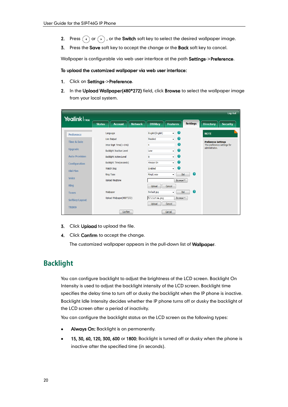 Backlight | Yealink SIP-T46G User Manual | Page 30 / 168