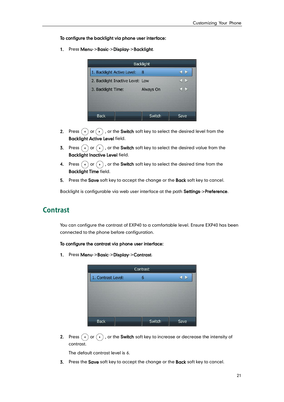 Contrast | Yealink SIP-T46G User Manual | Page 31 / 168