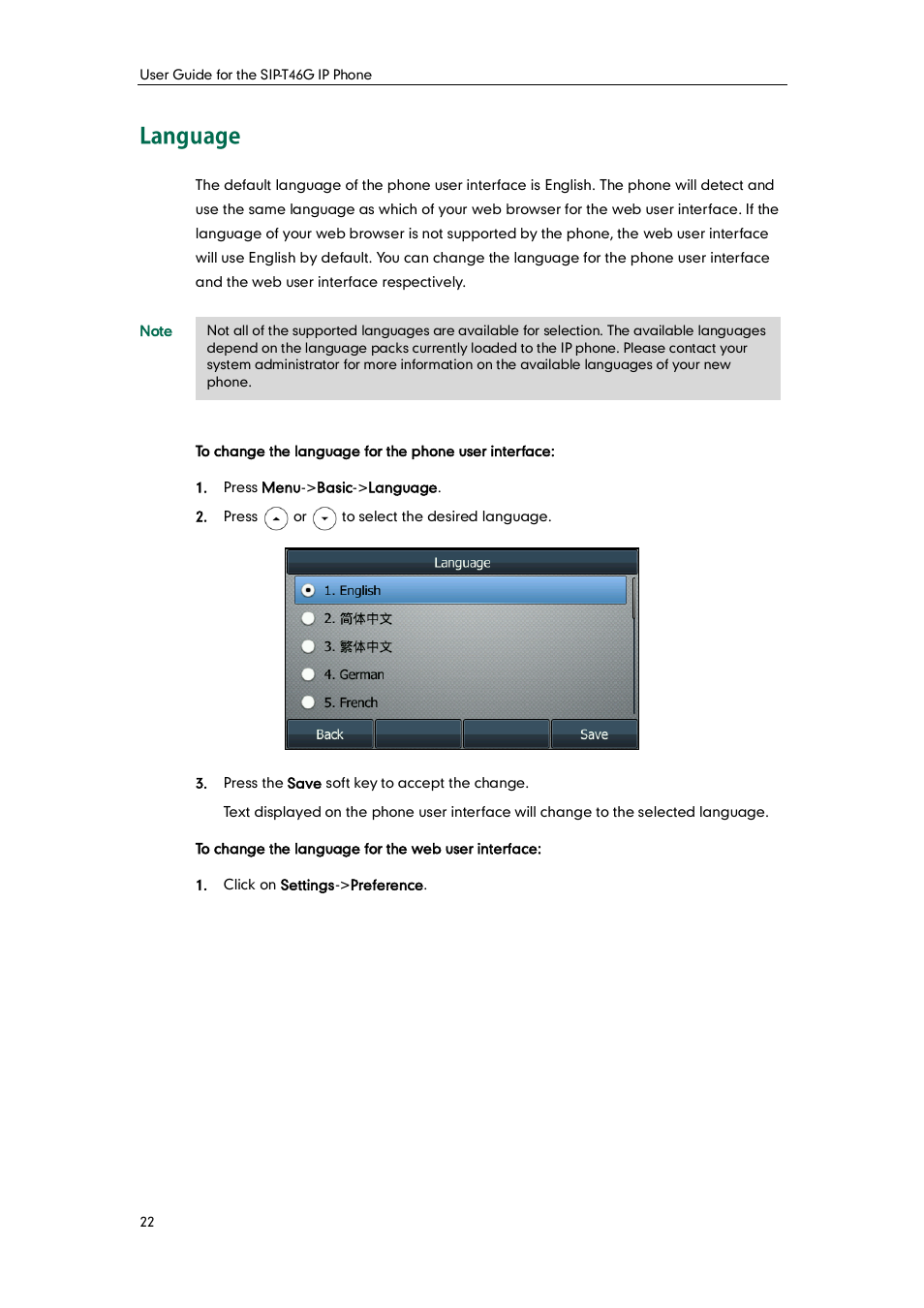 Language | Yealink SIP-T46G User Manual | Page 32 / 168