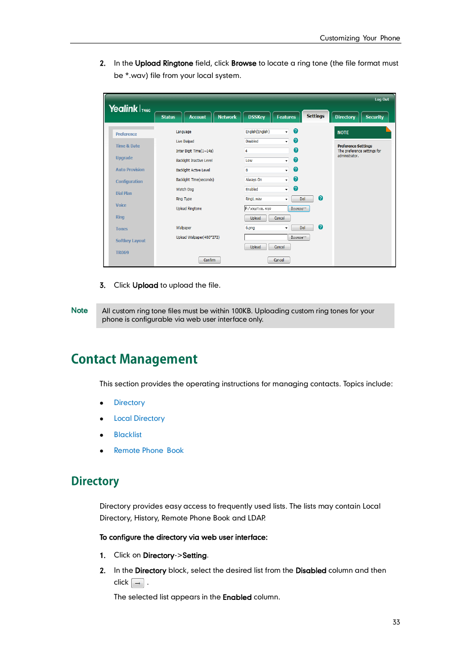Contact management, Directory, Contact | Management | Yealink SIP-T46G User Manual | Page 43 / 168