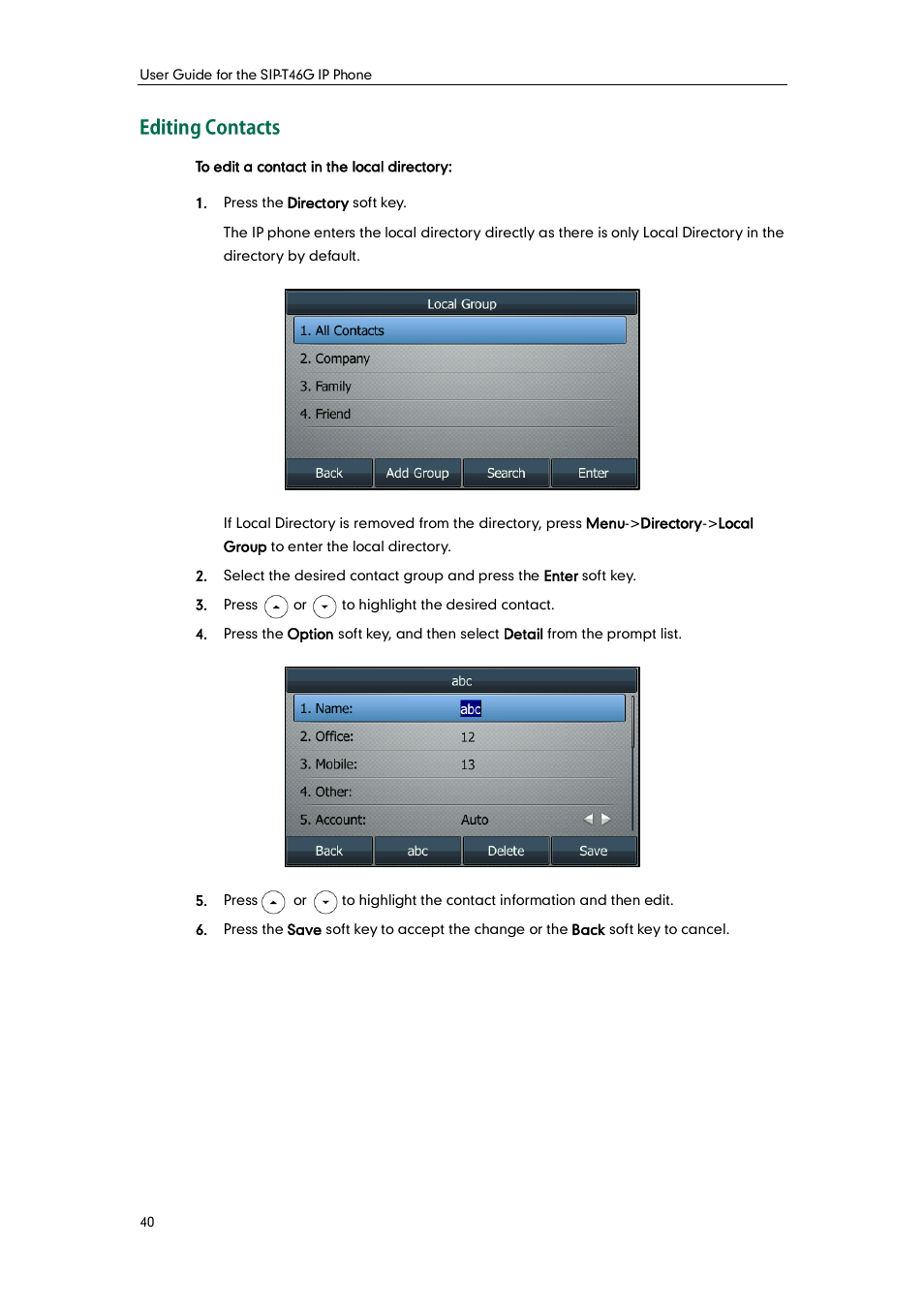 Editing contacts | Yealink SIP-T46G User Manual | Page 50 / 168