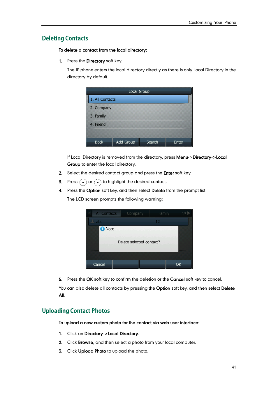 Deleting contacts, Uploading contact photos | Yealink SIP-T46G User Manual | Page 51 / 168