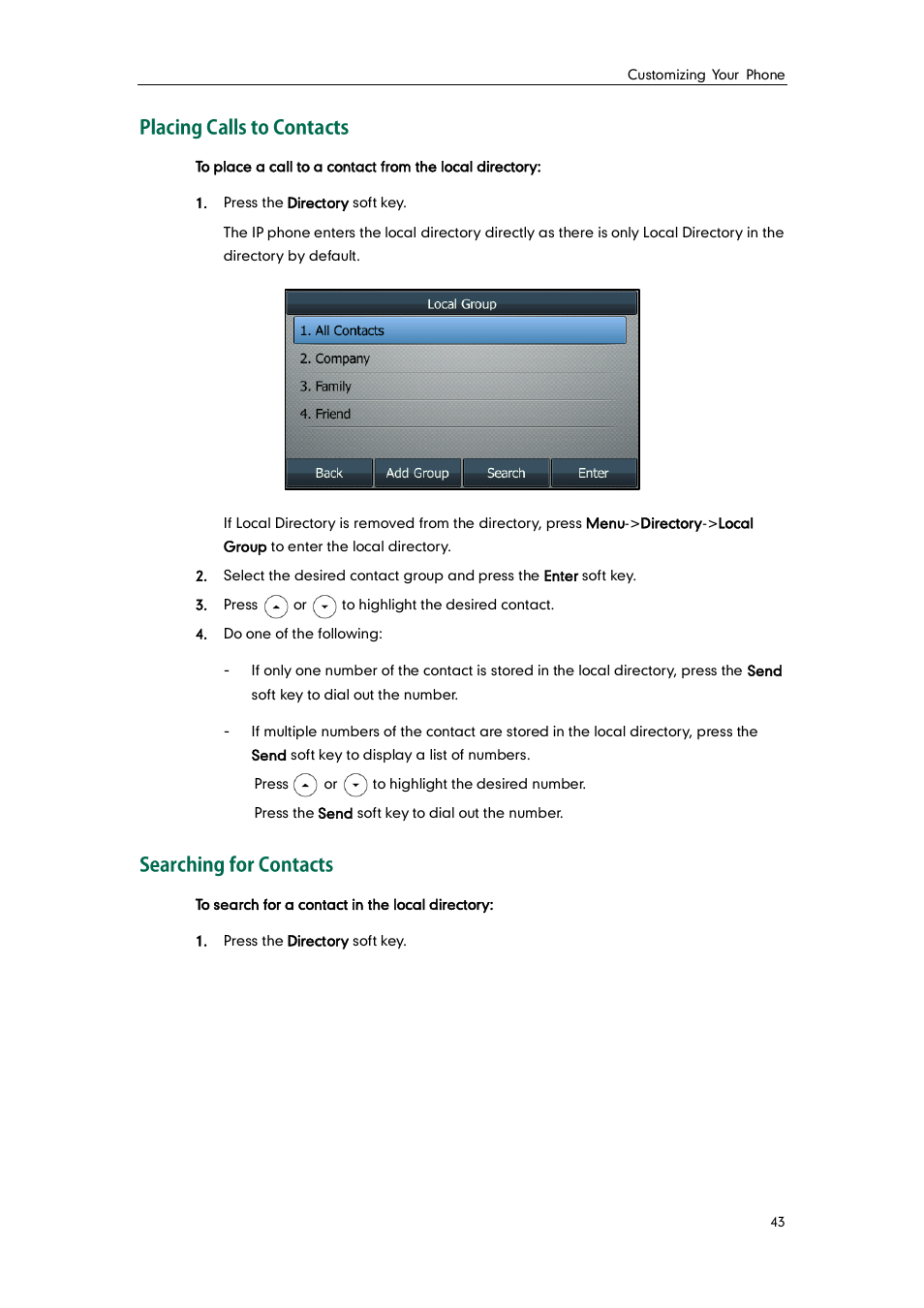 Placing calls to contacts, Searching for contacts | Yealink SIP-T46G User Manual | Page 53 / 168