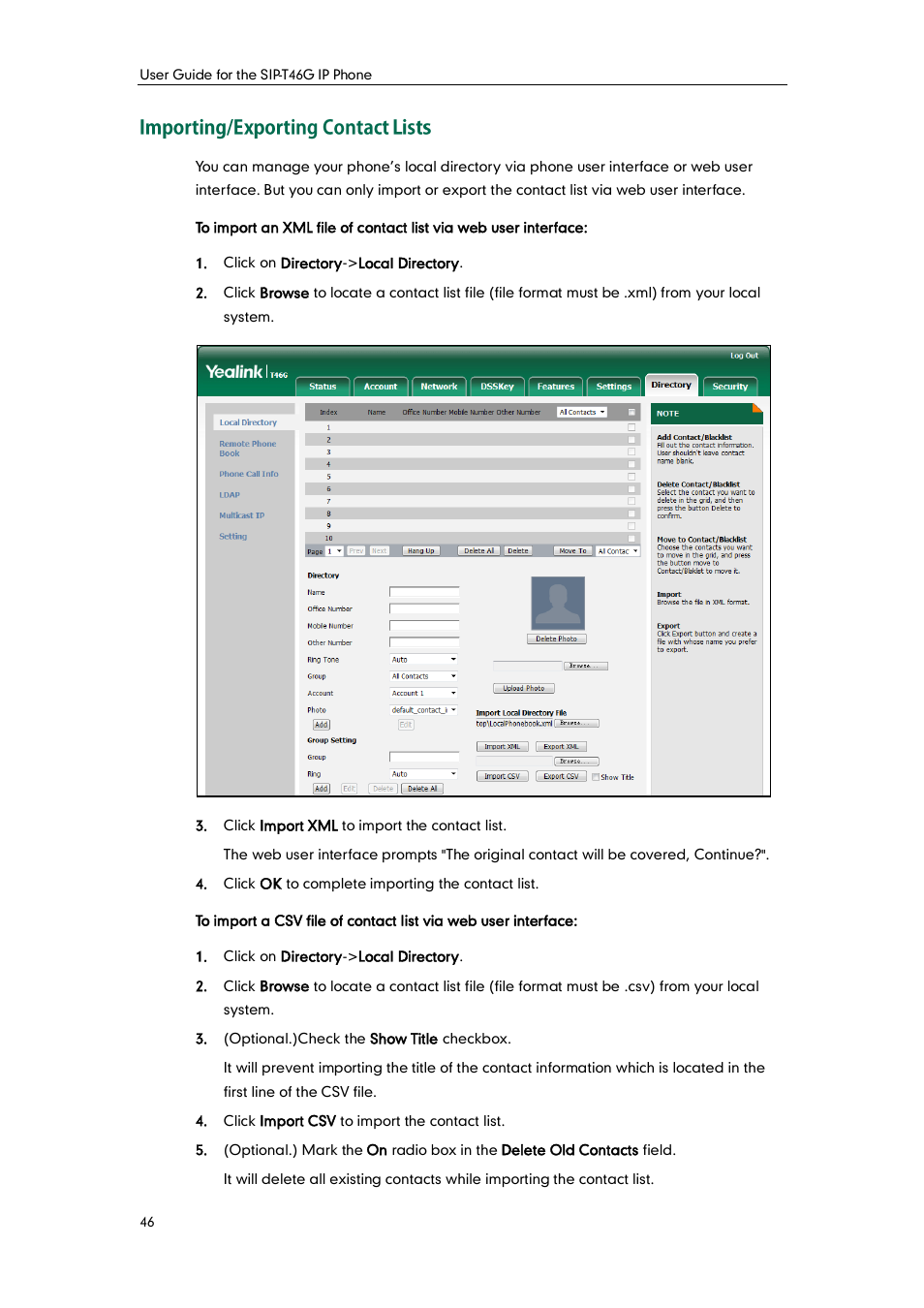 Importing/exporting contact lists | Yealink SIP-T46G User Manual | Page 56 / 168