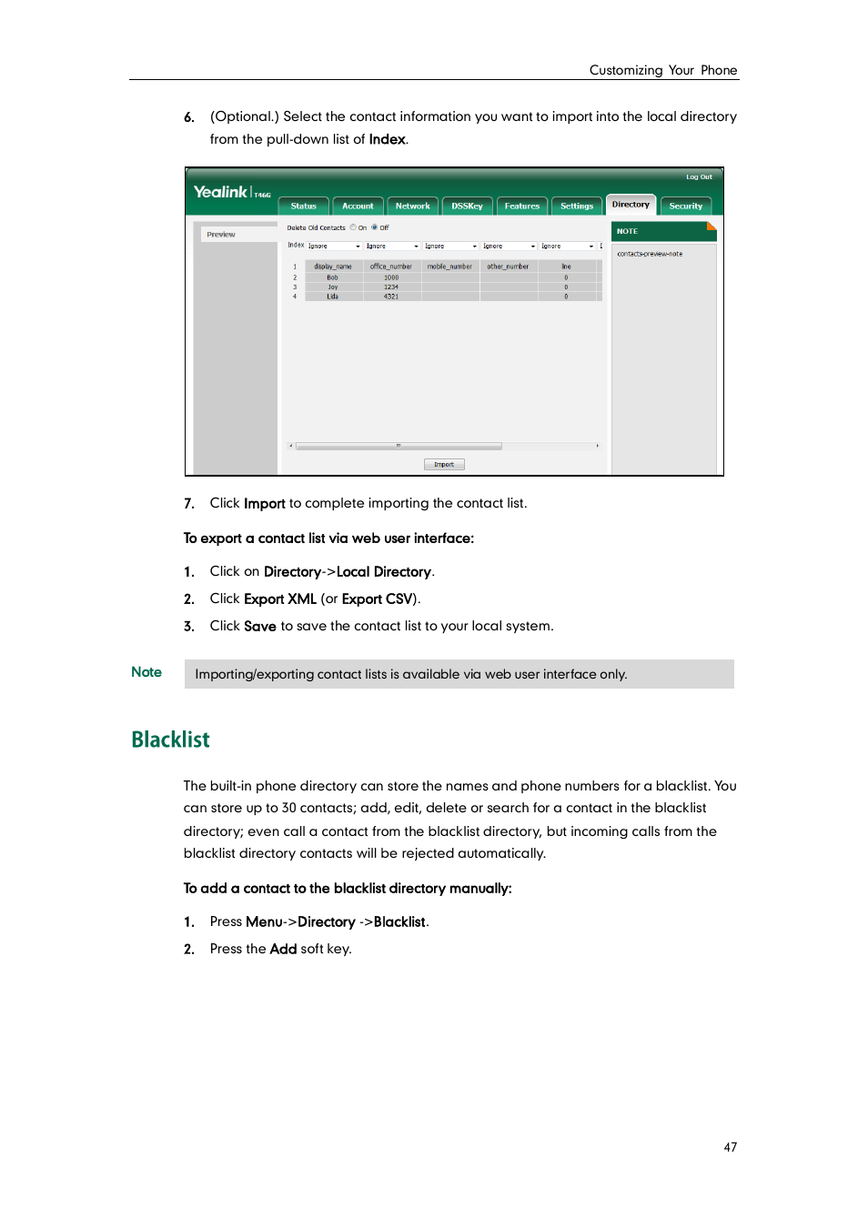 Blacklist | Yealink SIP-T46G User Manual | Page 57 / 168