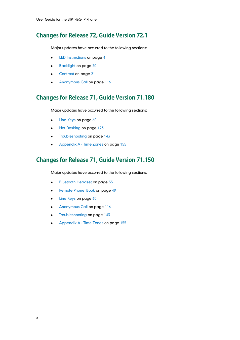 Changes for release 72, guide version 72.1, Changes for release 71, guide version 71.180, Changes for release 71, guide version 71.150 | Yealink SIP-T46G User Manual | Page 6 / 168