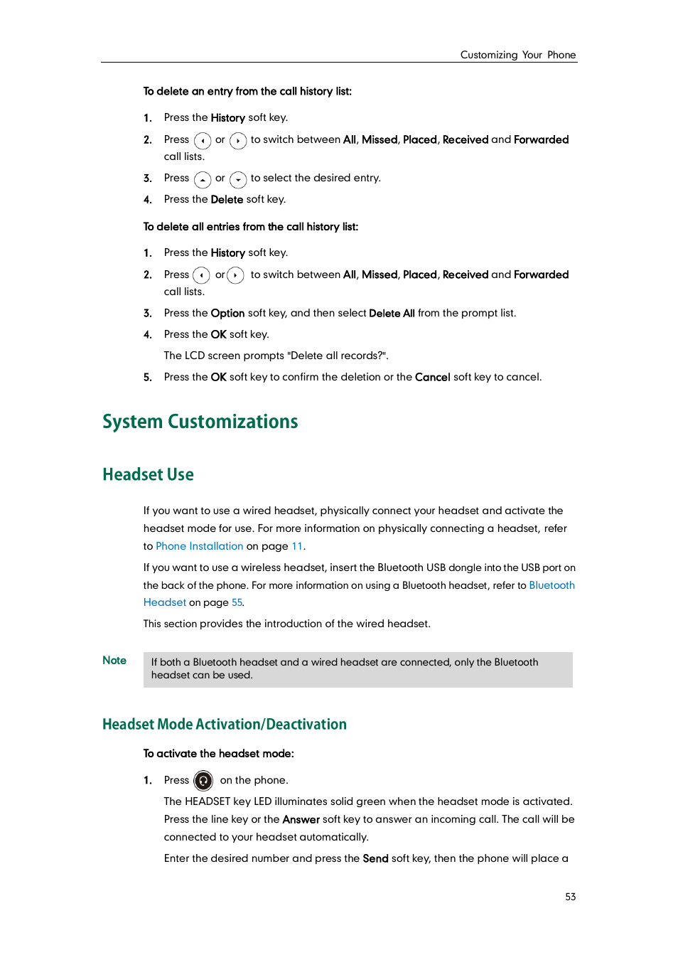 System customizations, Headset use, Headset mode activation/deactivation | Yealink SIP-T46G User Manual | Page 63 / 168