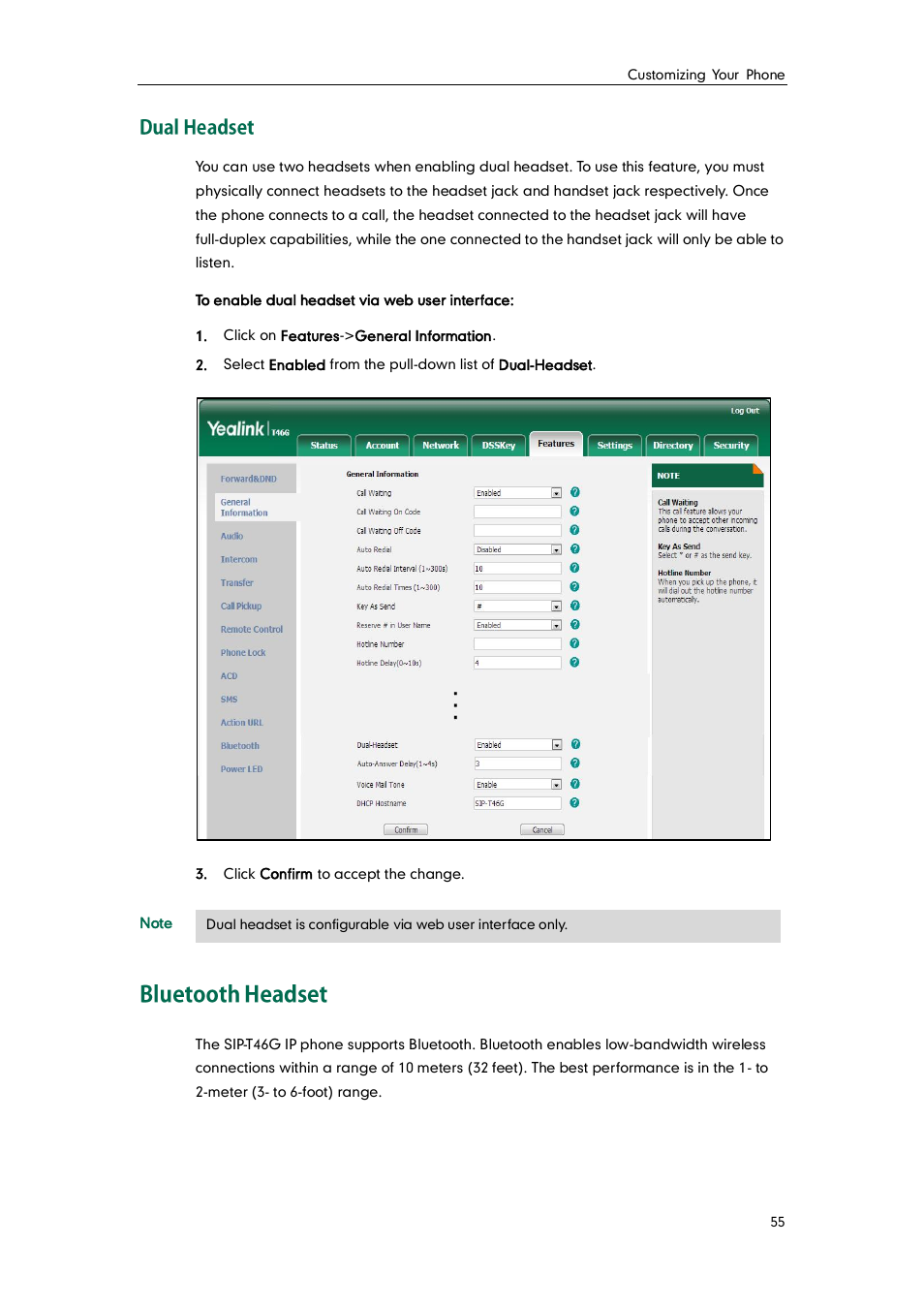 Dual headset, Bluetooth headset, Bluetooth | Headset | Yealink SIP-T46G User Manual | Page 65 / 168