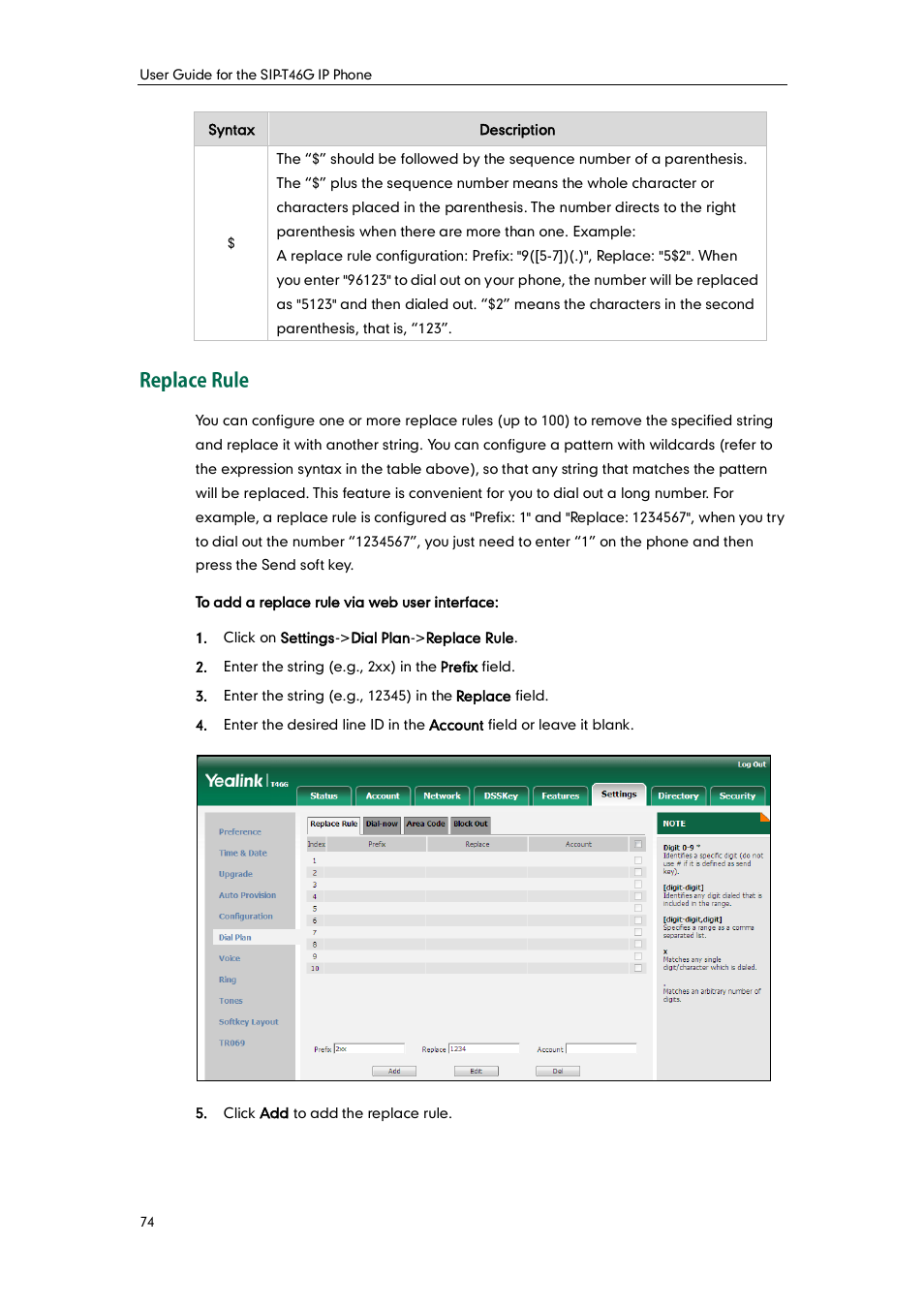Replace rule | Yealink SIP-T46G User Manual | Page 84 / 168