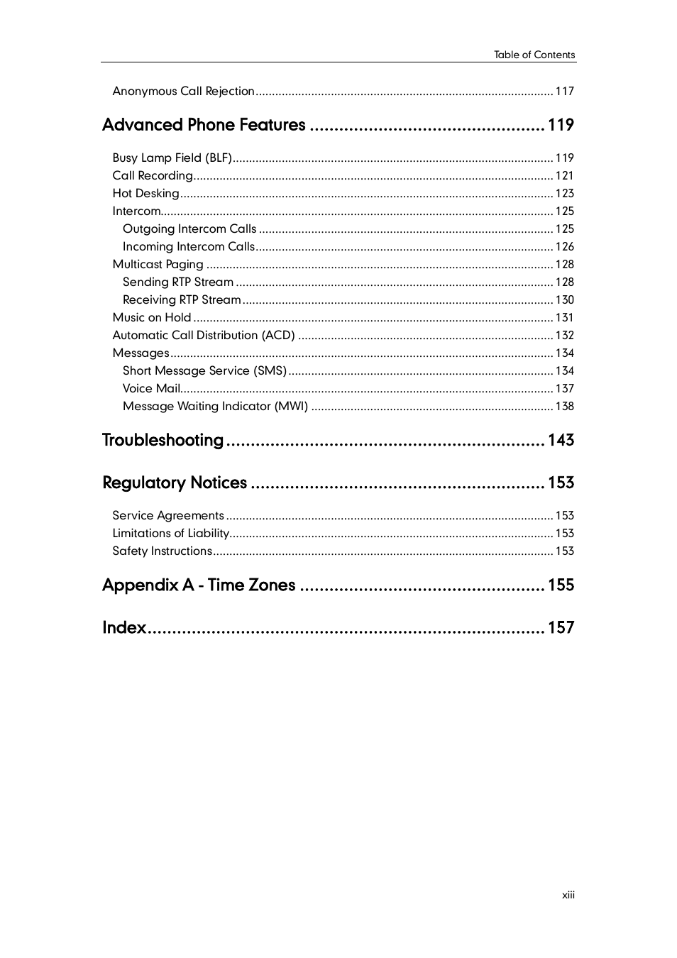Advanced phone features, Troubleshooting, Regulatory notices | Appendix a - time zones, Index | Yealink SIP-T46G User Manual | Page 9 / 168