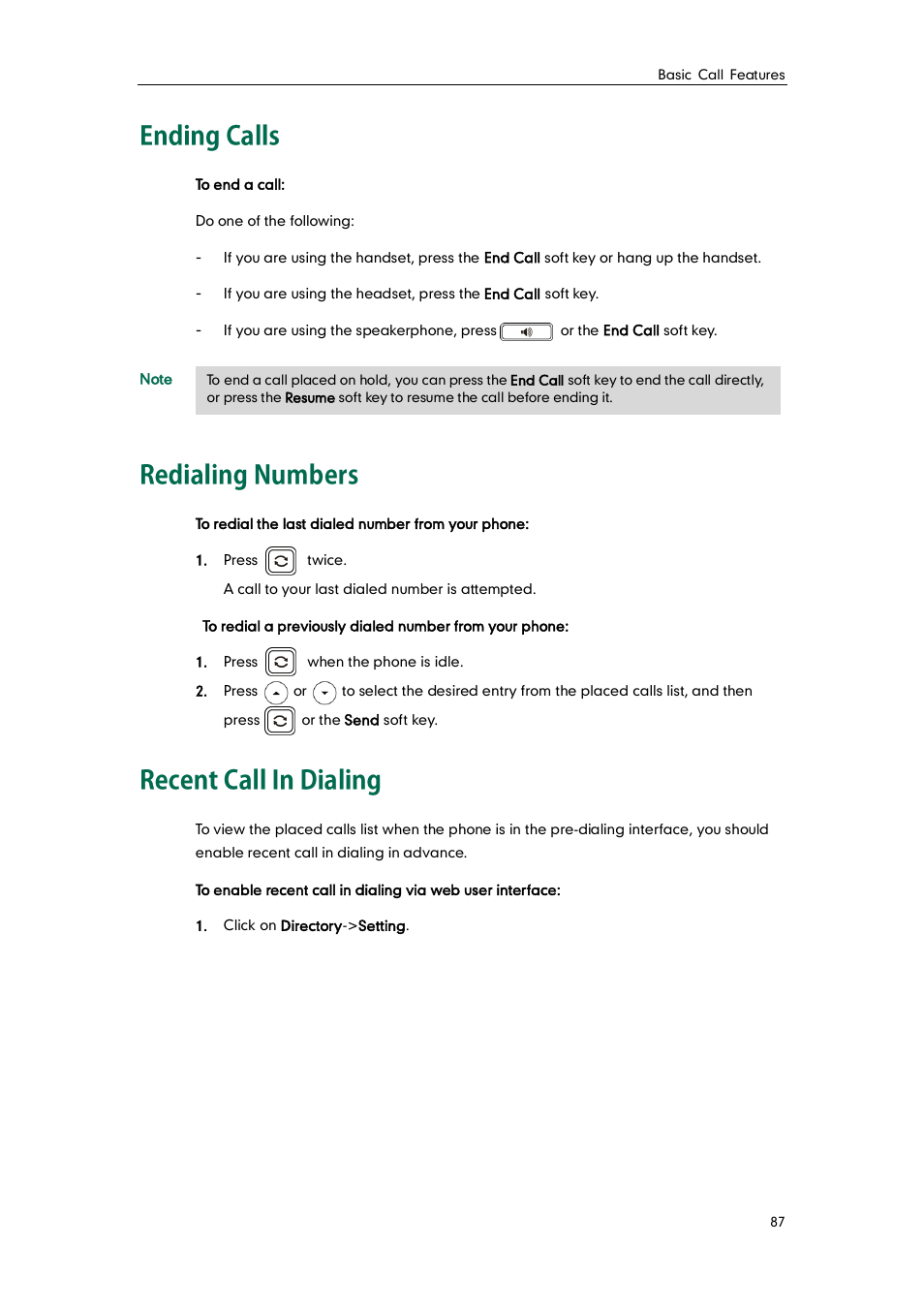 Ending calls, Redialing numbers, Recent call in dialing | Yealink SIP-T46G User Manual | Page 97 / 168