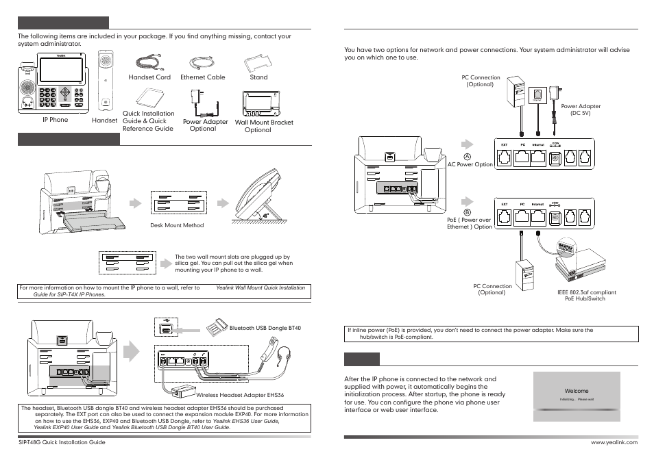 Startup, Packaging contents assembling the phone | Yealink SIP-T48G User Manual | Page 2 / 2