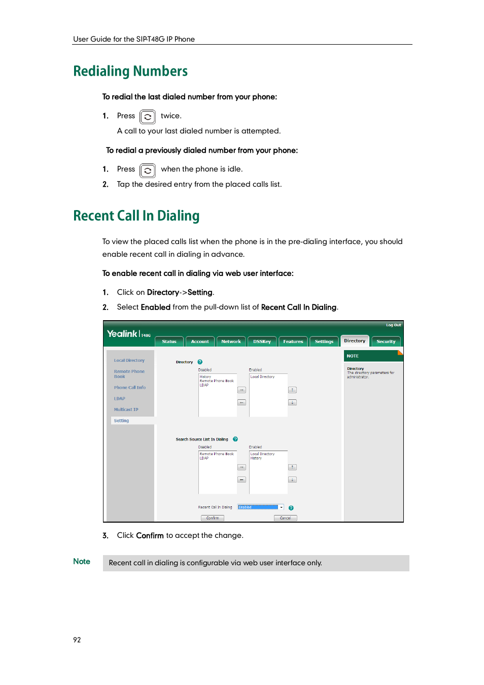 Redialing numbers, Recent call in dialing, Redialing numbers recent call in dialing | Yealink SIP-T48G User Manual | Page 102 / 170