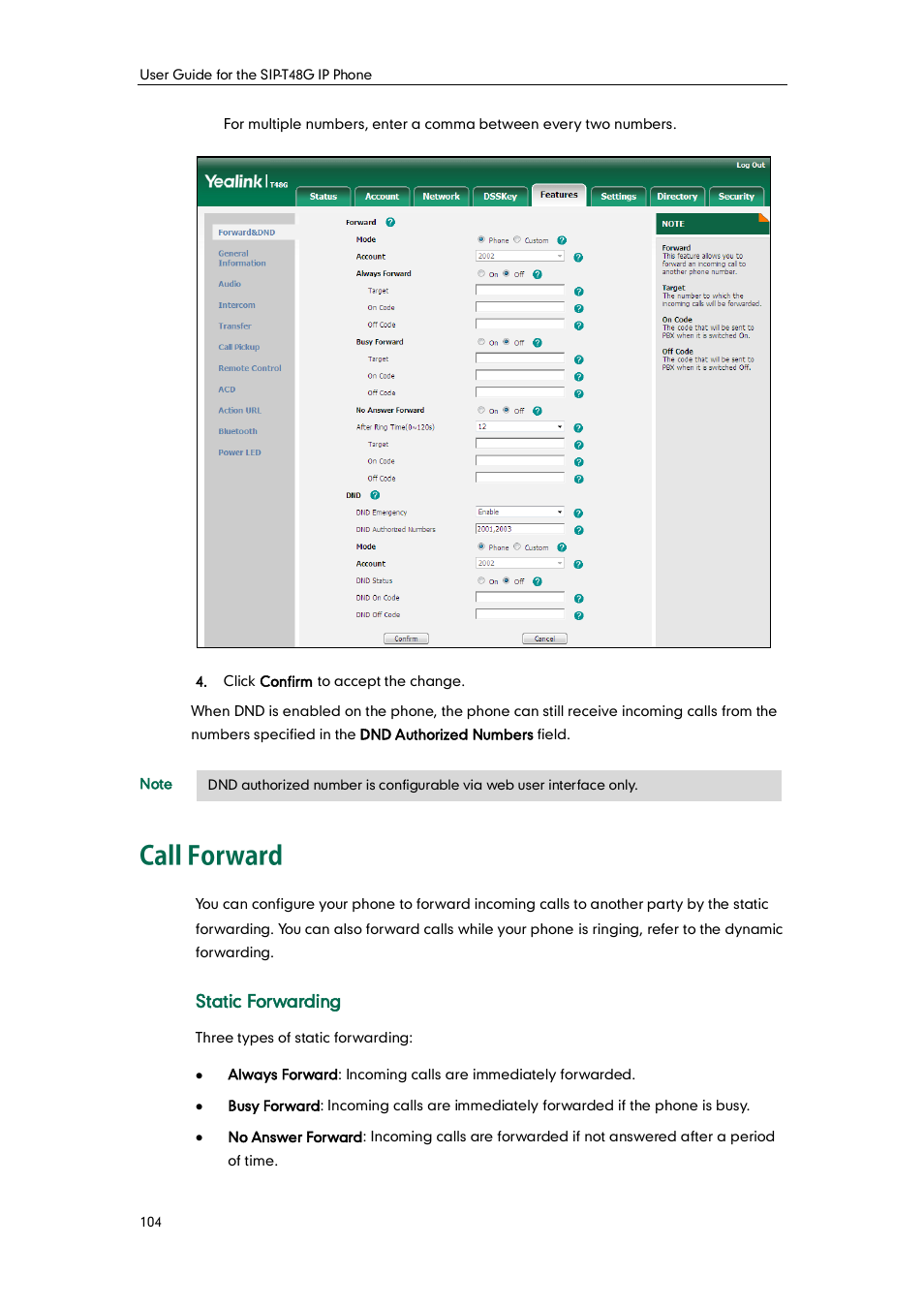 Call forward, Static forwarding | Yealink SIP-T48G User Manual | Page 114 / 170