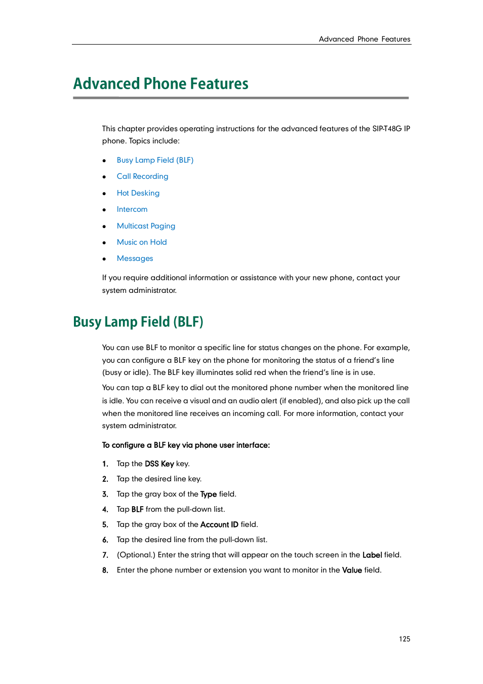 Advanced phone features, Busy lamp field (blf), Busy | Lamp field (blf) | Yealink SIP-T48G User Manual | Page 135 / 170