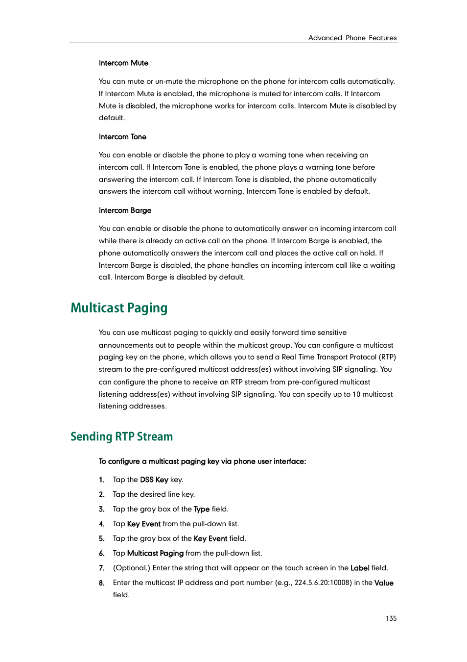 Multicast paging, Sending rtp stream | Yealink SIP-T48G User Manual | Page 145 / 170