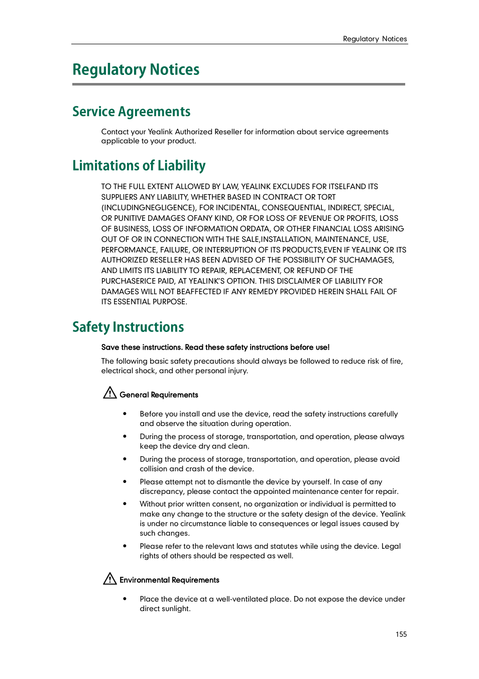 Regulatory notices, Service agreements, Limitations of liability | Safety instructions | Yealink SIP-T48G User Manual | Page 165 / 170