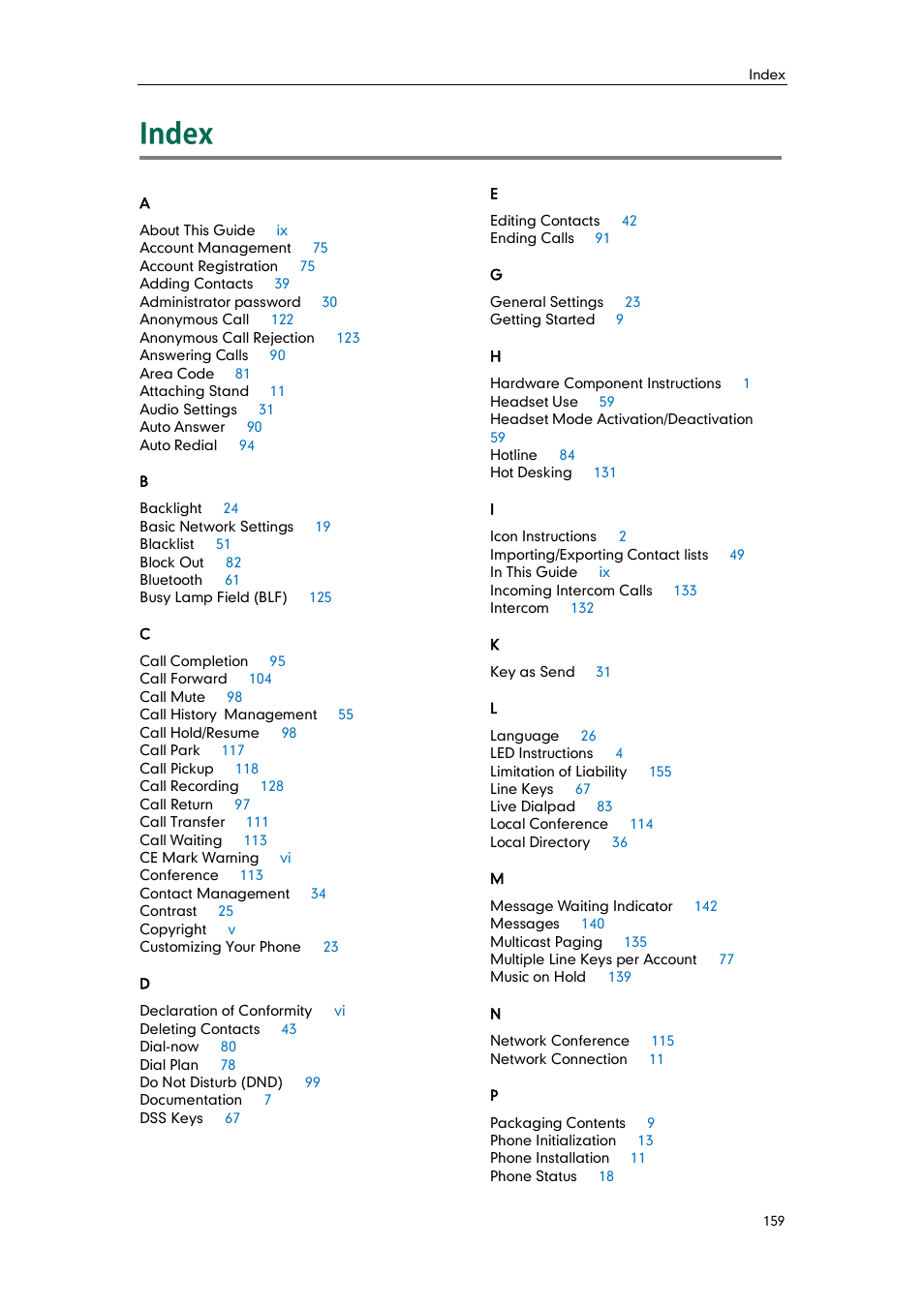 Index | Yealink SIP-T48G User Manual | Page 169 / 170