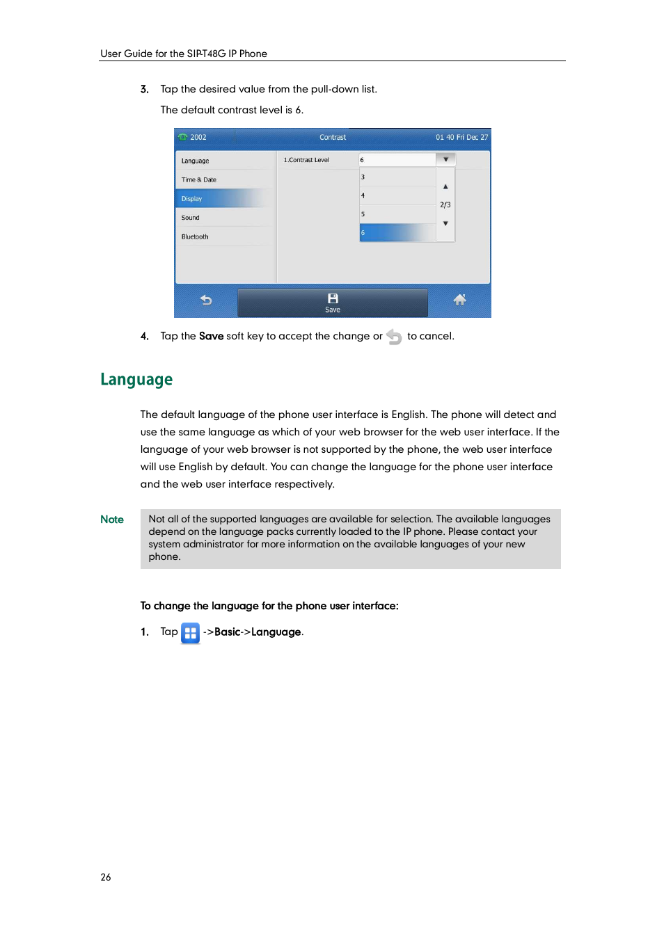 Language | Yealink SIP-T48G User Manual | Page 36 / 170