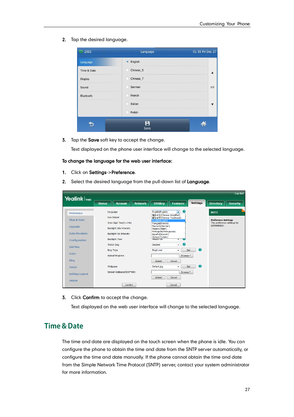 Time & date | Yealink SIP-T48G User Manual | Page 37 / 170