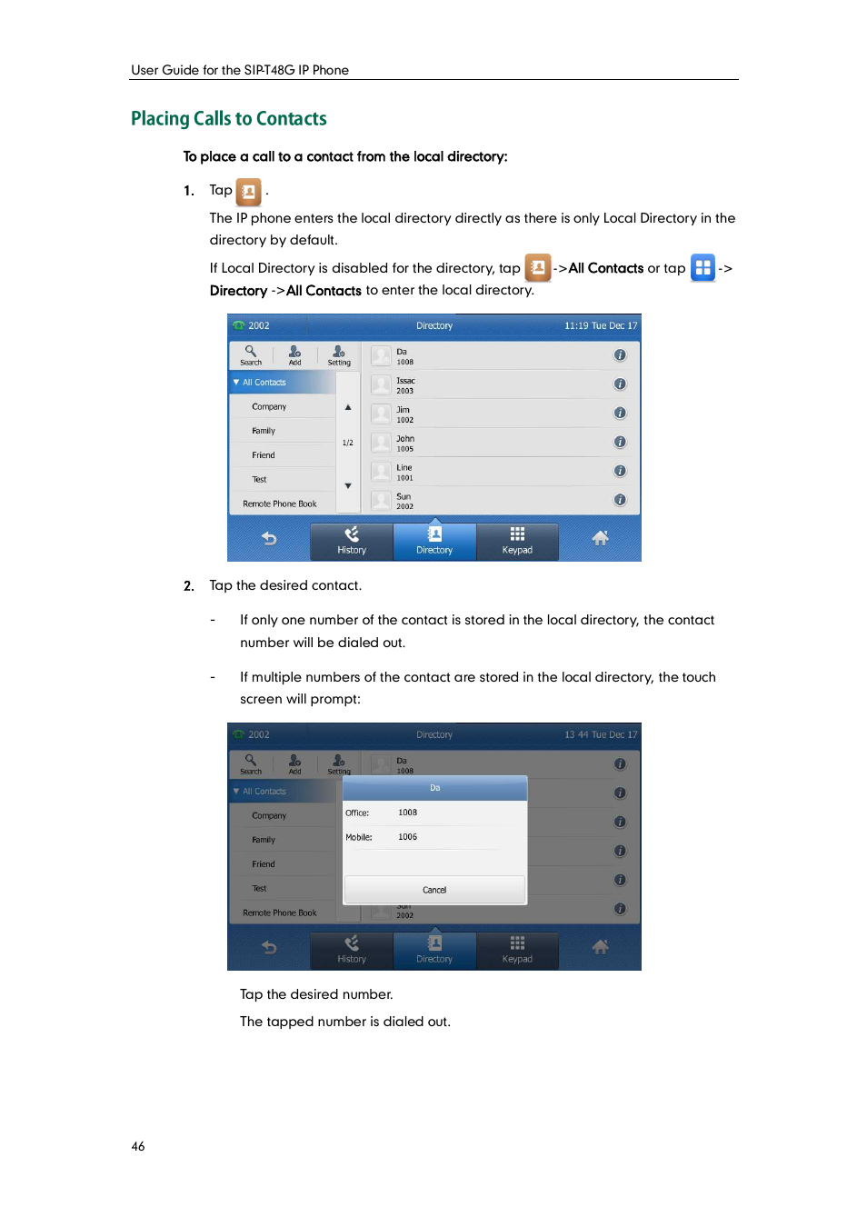 Placing calls to contacts | Yealink SIP-T48G User Manual | Page 56 / 170