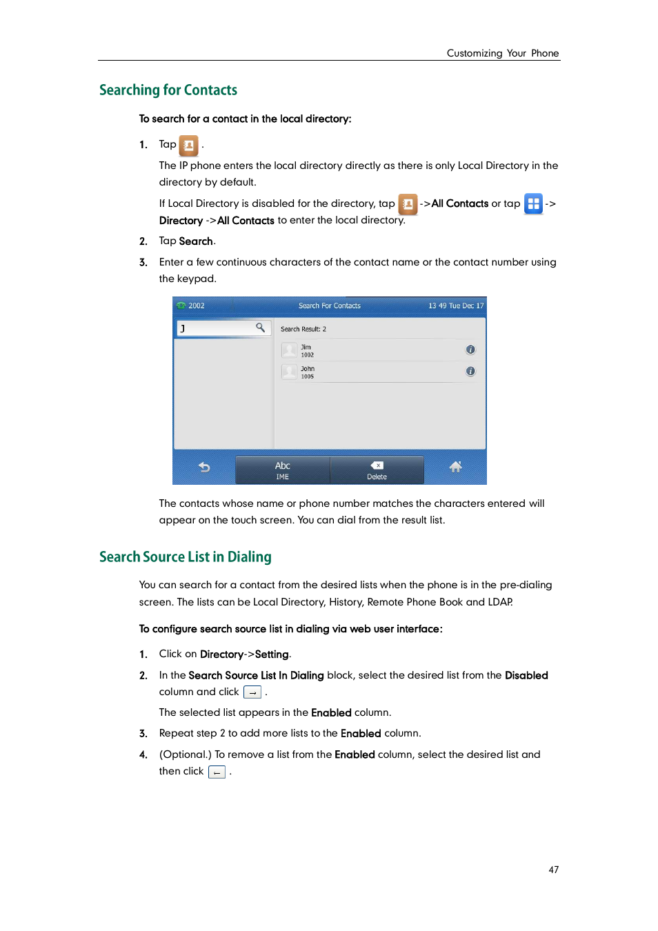 Searching for contacts, Search source list in dialing | Yealink SIP-T48G User Manual | Page 57 / 170