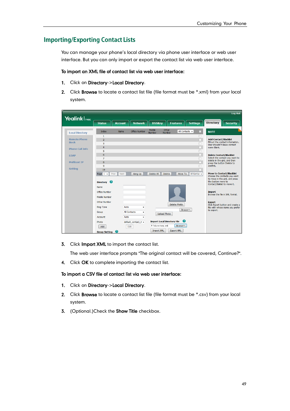 Importing/exporting contact lists | Yealink SIP-T48G User Manual | Page 59 / 170