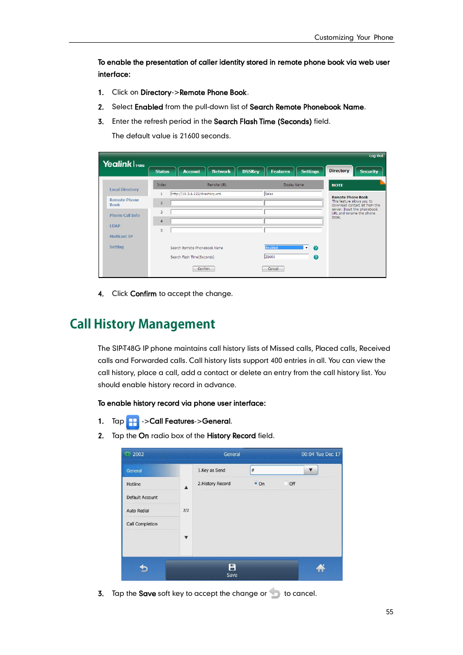 Call history management | Yealink SIP-T48G User Manual | Page 65 / 170