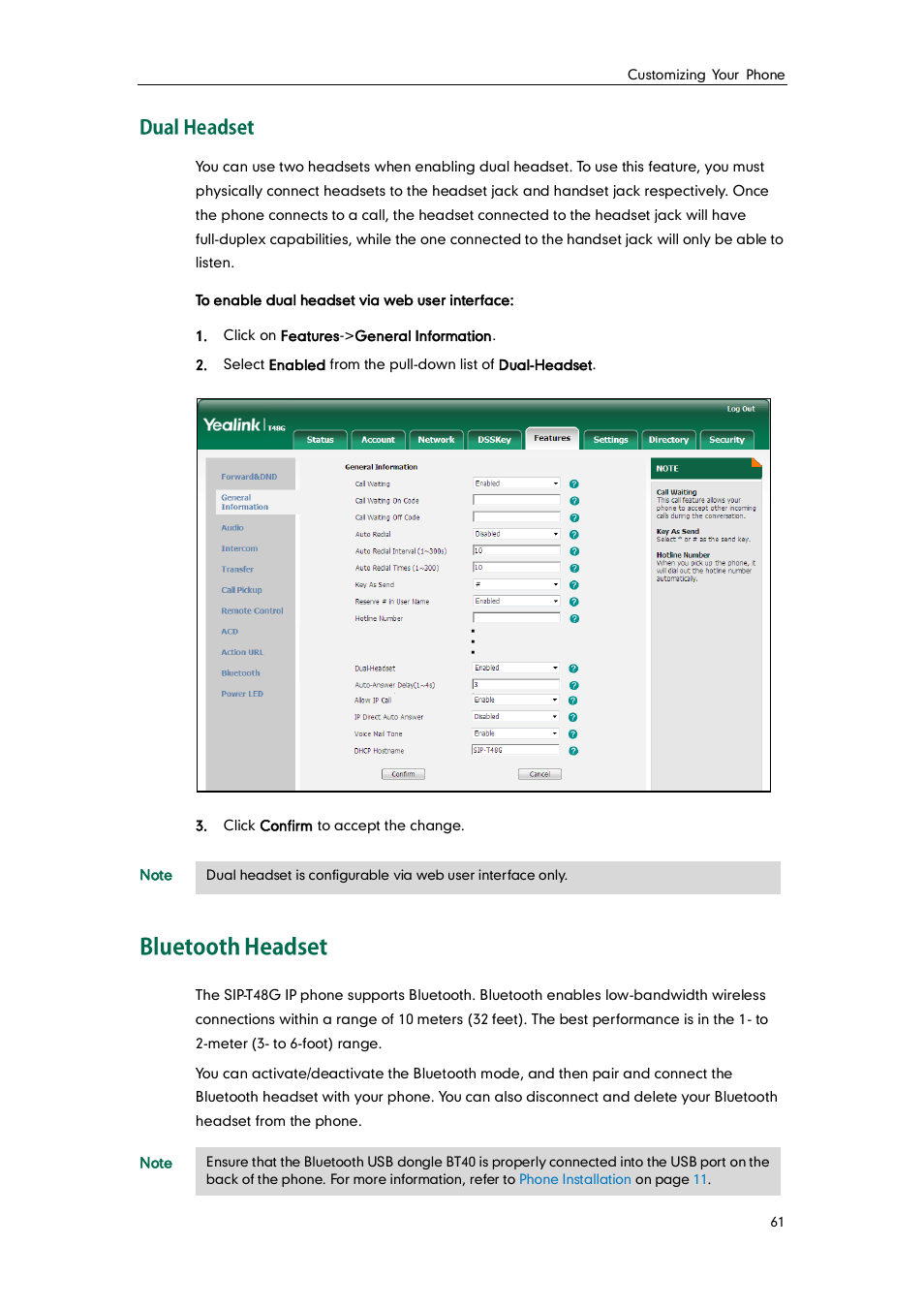 Dual headset, Bluetooth headset | Yealink SIP-T48G User Manual | Page 71 / 170