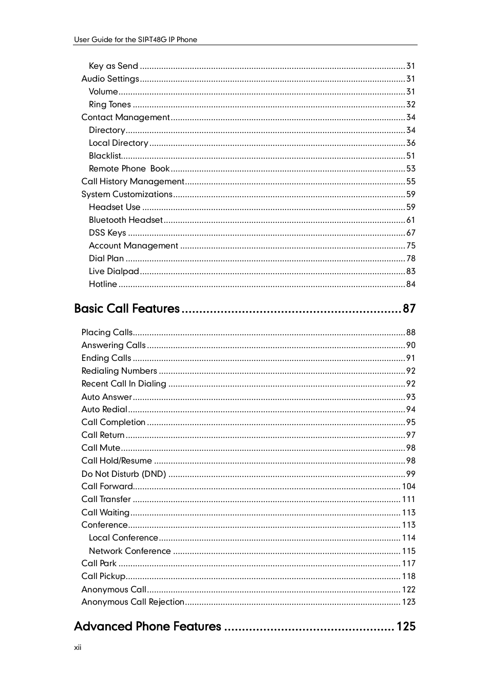 Basic call features, Advanced phone features | Yealink SIP-T48G User Manual | Page 8 / 170