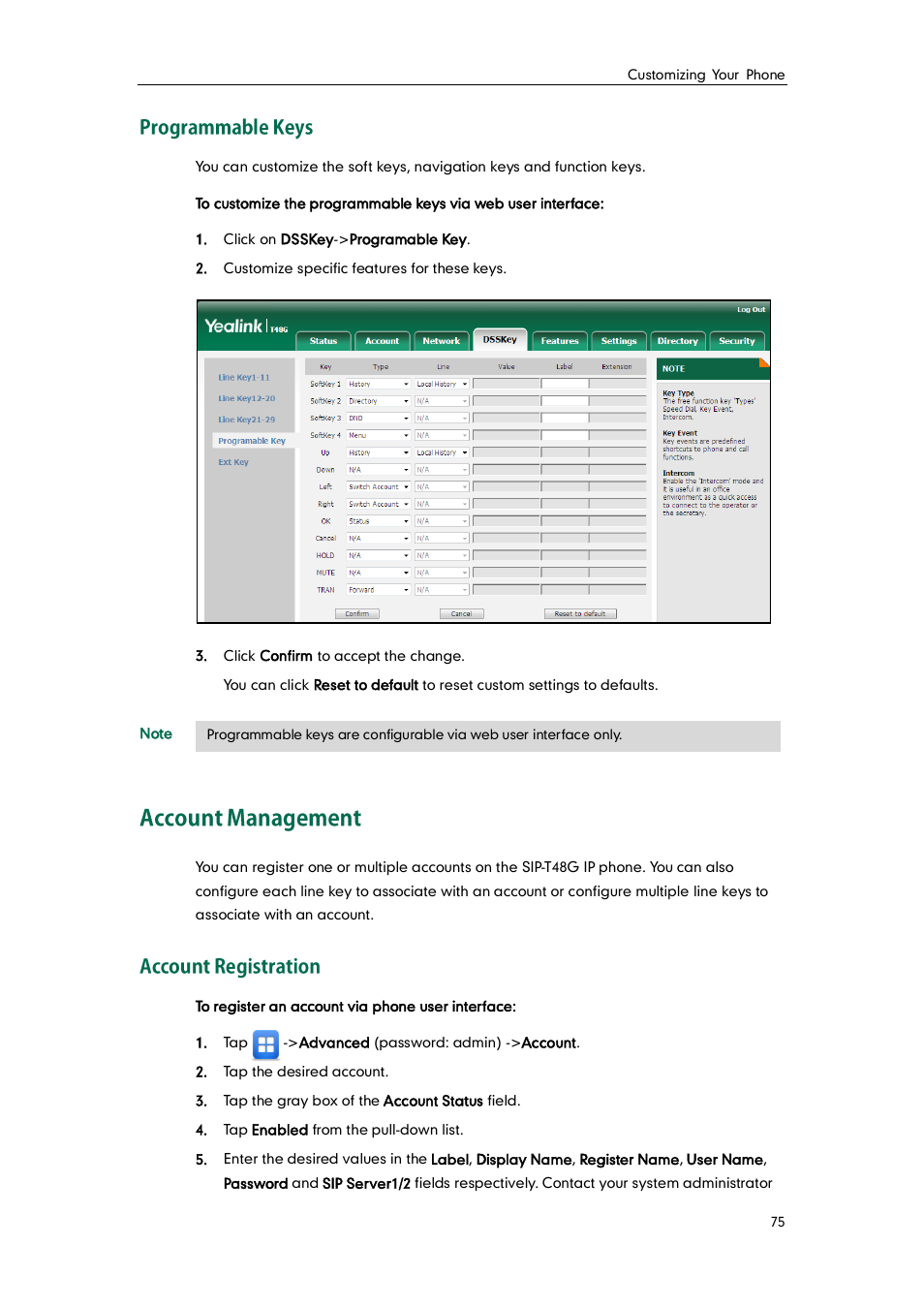 Programmable keys, Account management, Account registration | Yealink SIP-T48G User Manual | Page 85 / 170