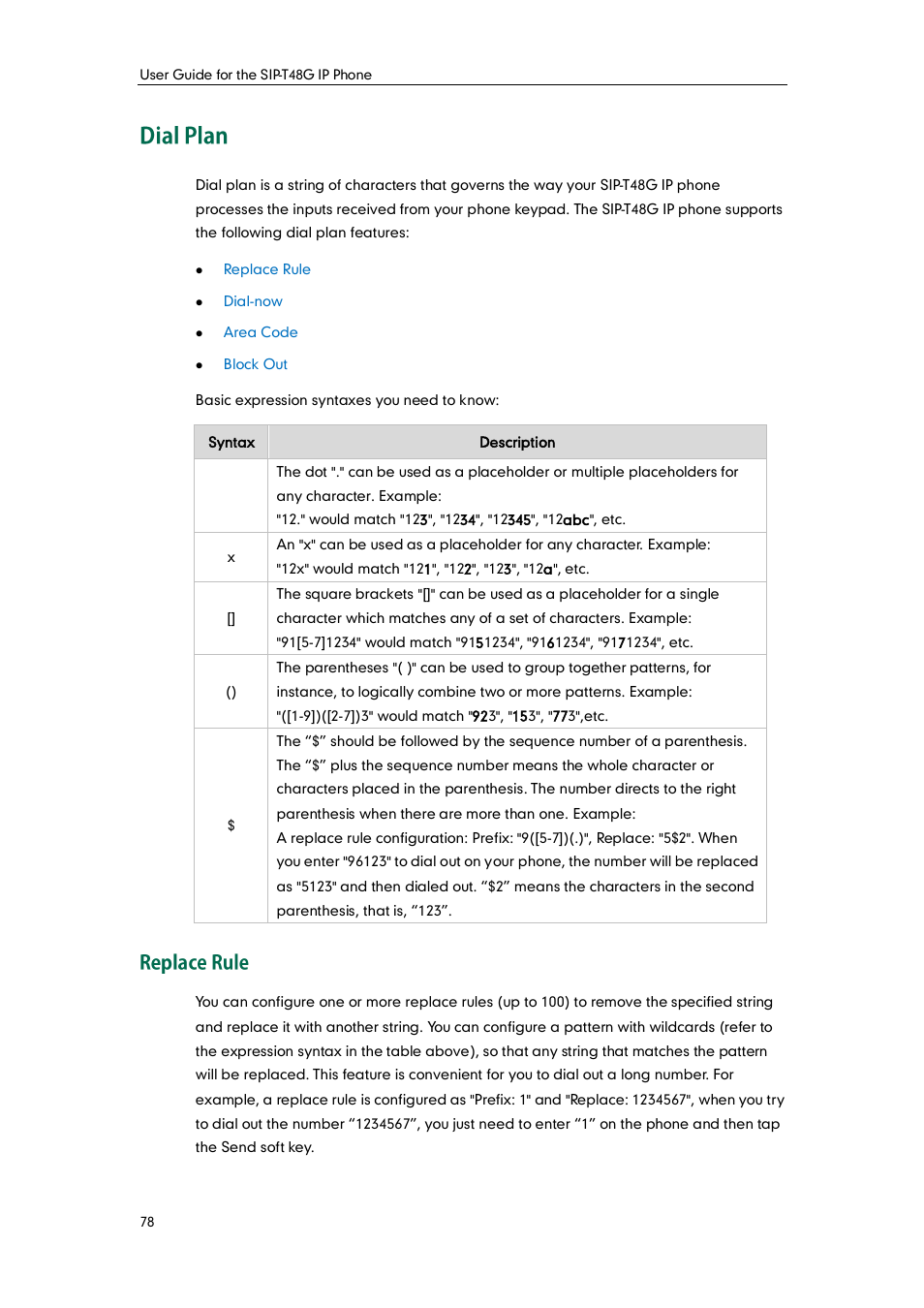 Dial plan, Replace rule | Yealink SIP-T48G User Manual | Page 88 / 170