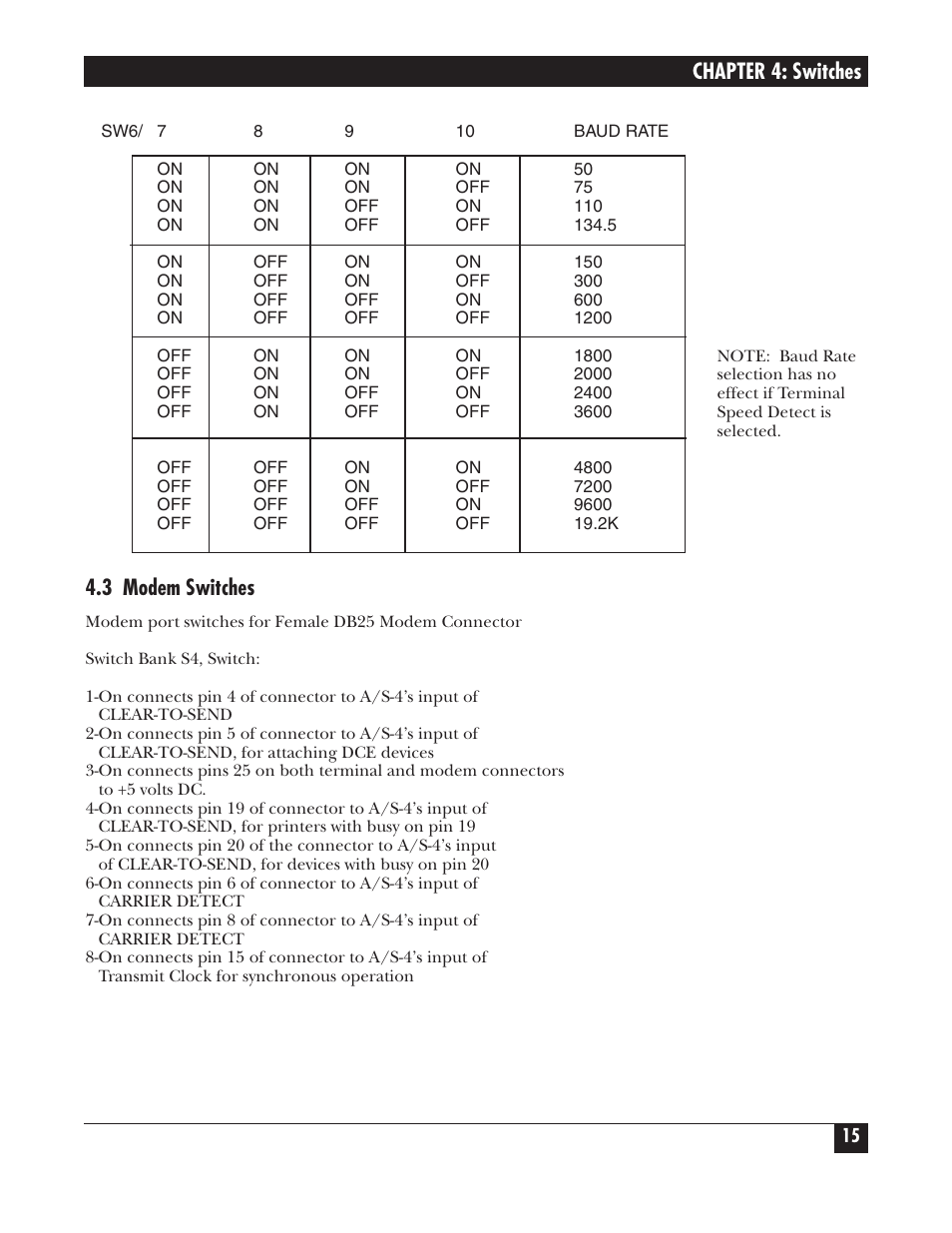 Chapter 4: switches, 3 modem switches | Black Box PROTOCOL CONVERTER A/S-4 User Manual | Page 16 / 88